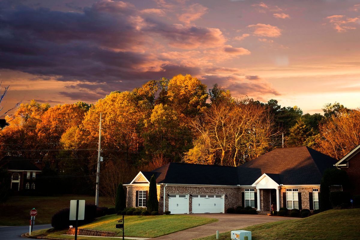 Suburban home in Madison, Alabama at sunset